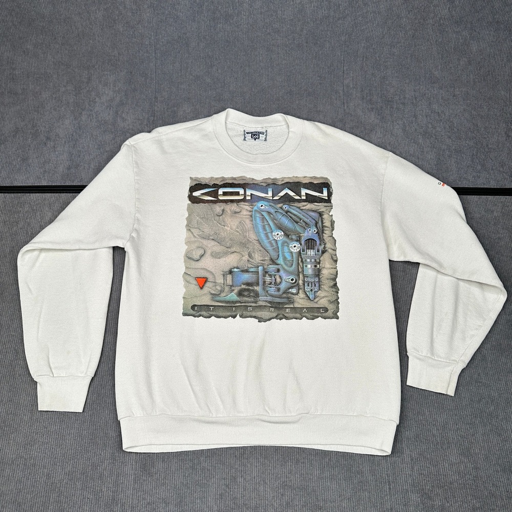 Vintage Lee Conan It Is Real Graphic Sweatshirt Cream Mens Large Made in USA 90s